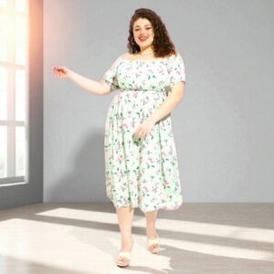 TORRID Retro Chic Midi Gauze Puff Sleeve Green Floral Skater Dress Size 1X